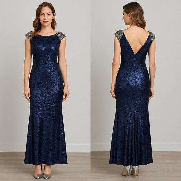 Pronovias navy sequins beaded silver shoulders gown size 16 - Picture 1 of 8